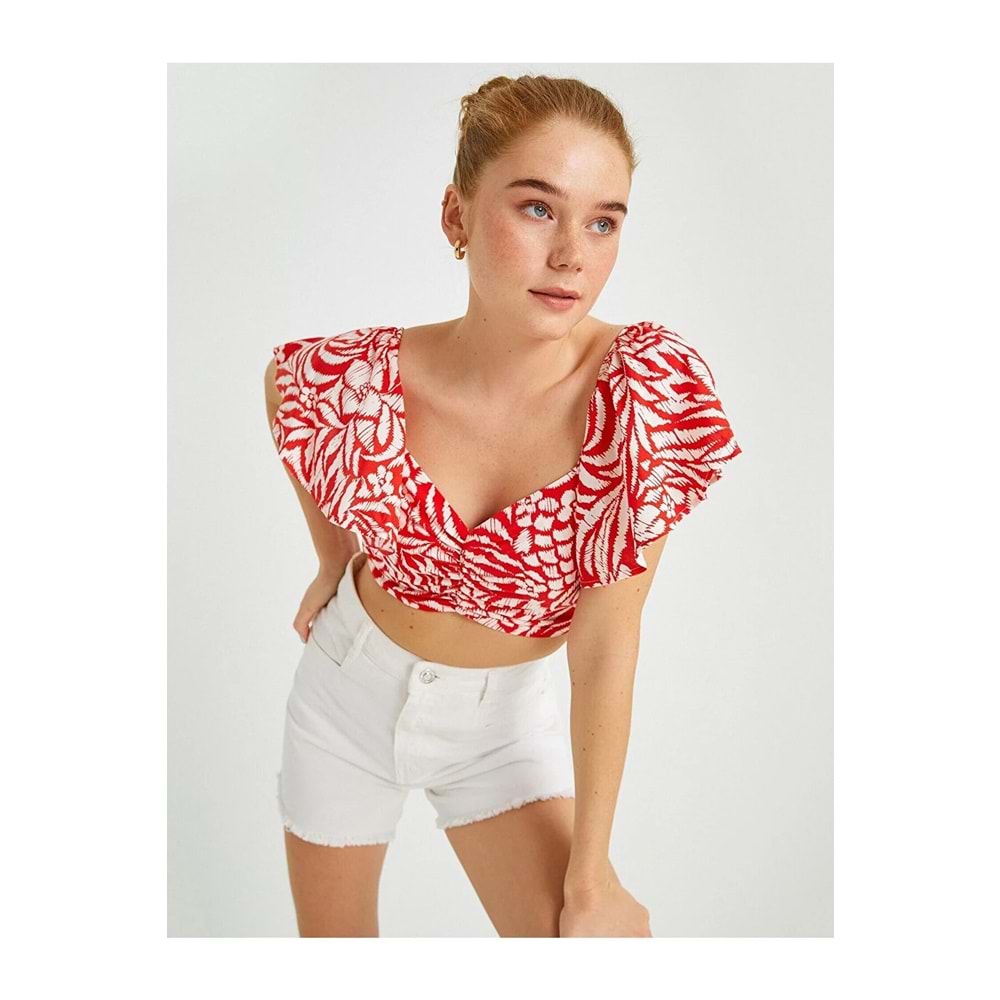 Kadın Giyim Bluz Desen Bluz Bağlama Detaylı Gömlek Yaka 2SAK60267PW Kırmızı Desen