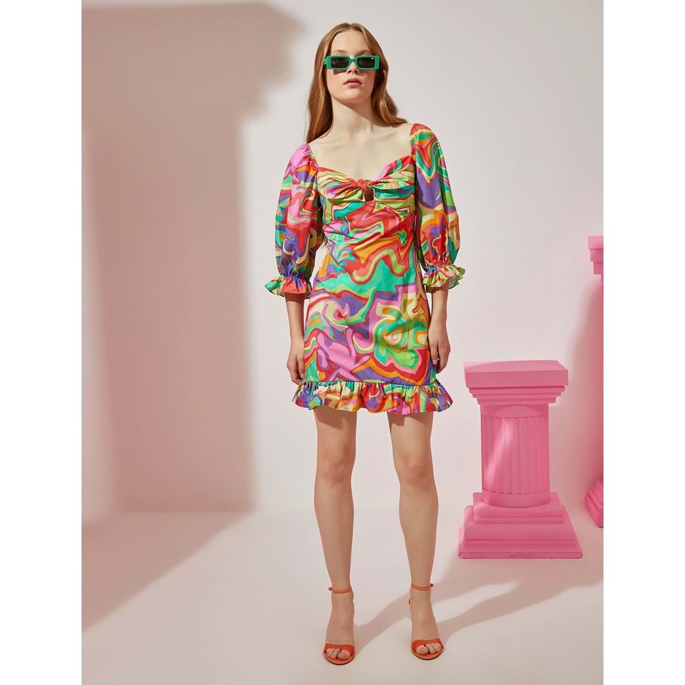 Kadın Giyim Elbise Rachel Araz X Koton - Kalp Yaka Balon Kollu Mini 2SAK80363PW Pembe Desen