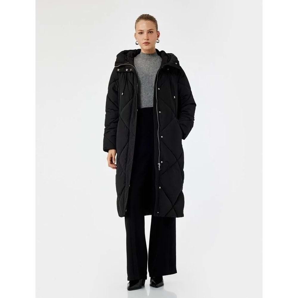 Kadın Giyim Kapüşonlu Fermuarlı Uzun Kollu Su İtici Ekstra Uzun Kapitone Oversize Şişme Anorak Mont - KOTON - 6WAK00011EW - SİYAH - 34