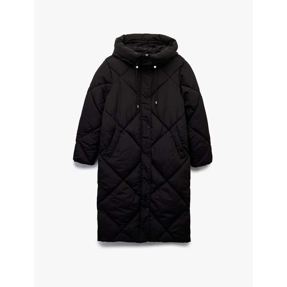 Kadın Giyim Kapüşonlu Fermuarlı Uzun Kollu Su İtici Ekstra Uzun Kapitone Oversize Şişme Anorak Mont - KOTON - 6WAK00011EW - SİYAH - 34