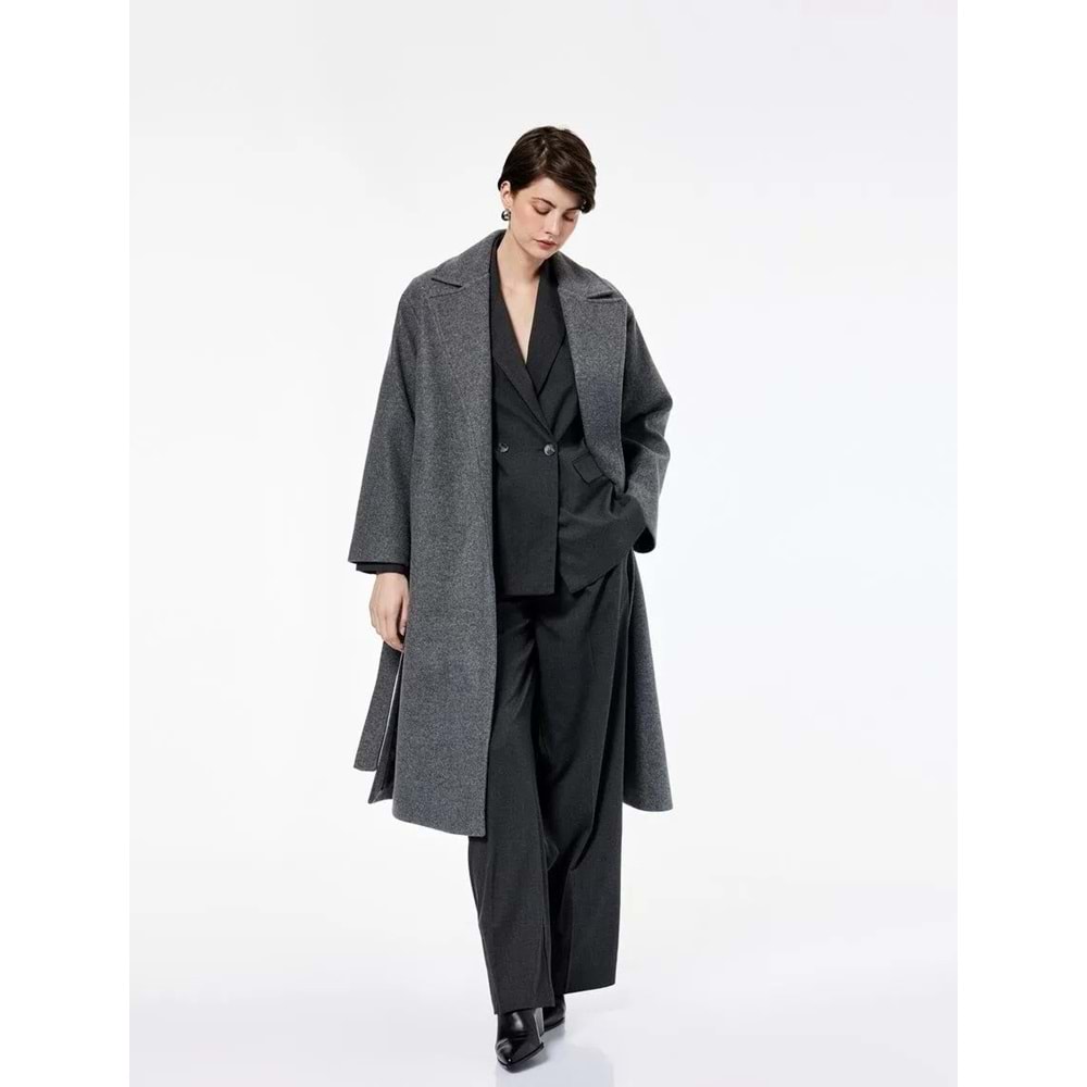 Kadın Giyim Uzun Kollu Cepli Kemerli Uzun Kaşe Kaban - KOTON - 6WAK00091EW - ANTRASİT - 44