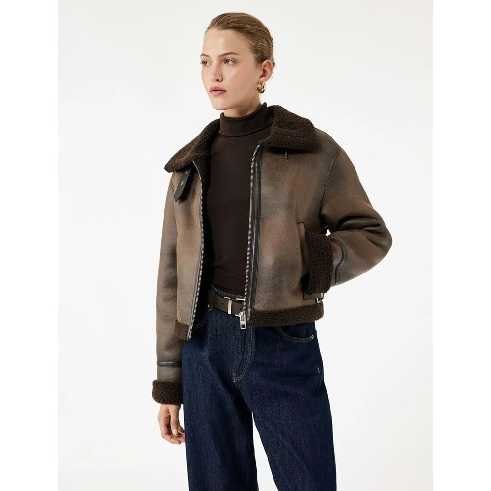 Kadın Giyim Suni Kürk Yaka Fermuarlı Deri Görünümlü Biker Mont - KOTON - 6WAK20064EW - KAHVERENGİ - 36