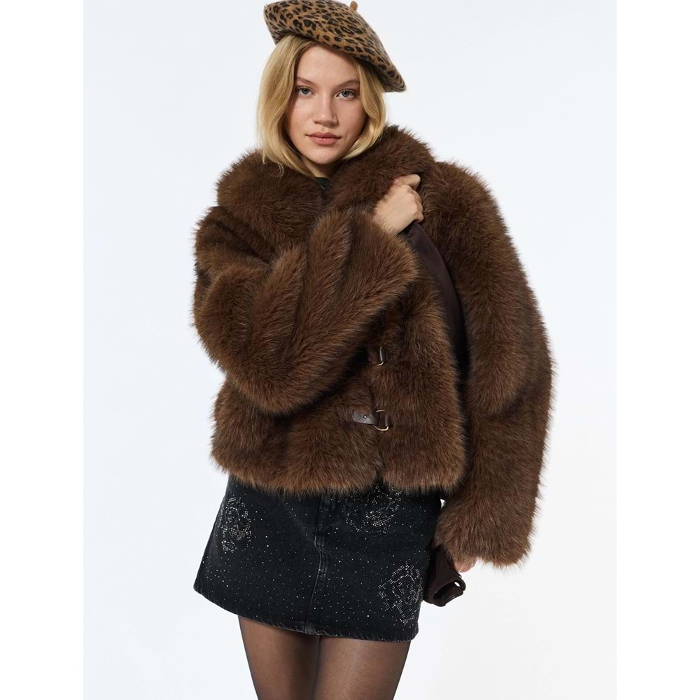 Kadın Giyim Suni Kürk Mont Uzun Kollu Kruvaze Crop - KOTON - 6WAK20254EW - KAHVERENGİ - 38