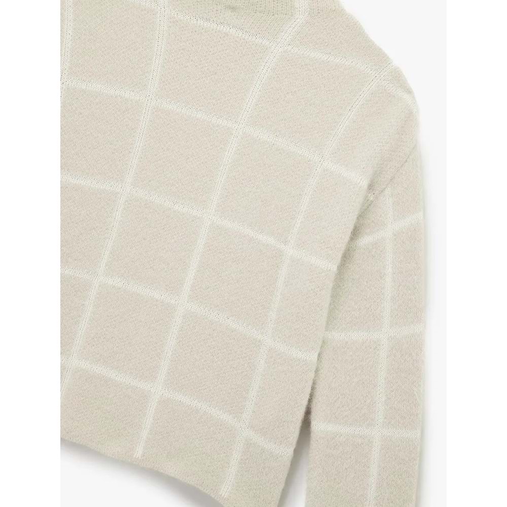 Kadın Giyim Uzun Kollu Dik Yaka Kareli Triko Peluş Kazak - KOTON - 6WAK90073HT - EKRU EKOSE - M