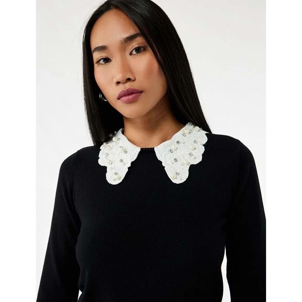 Kadın Giyim Uzun Kollu Bebe Yaka Taşlı Triko Kazak - KOTON - 6WAK90081HT - SİYAH - XL