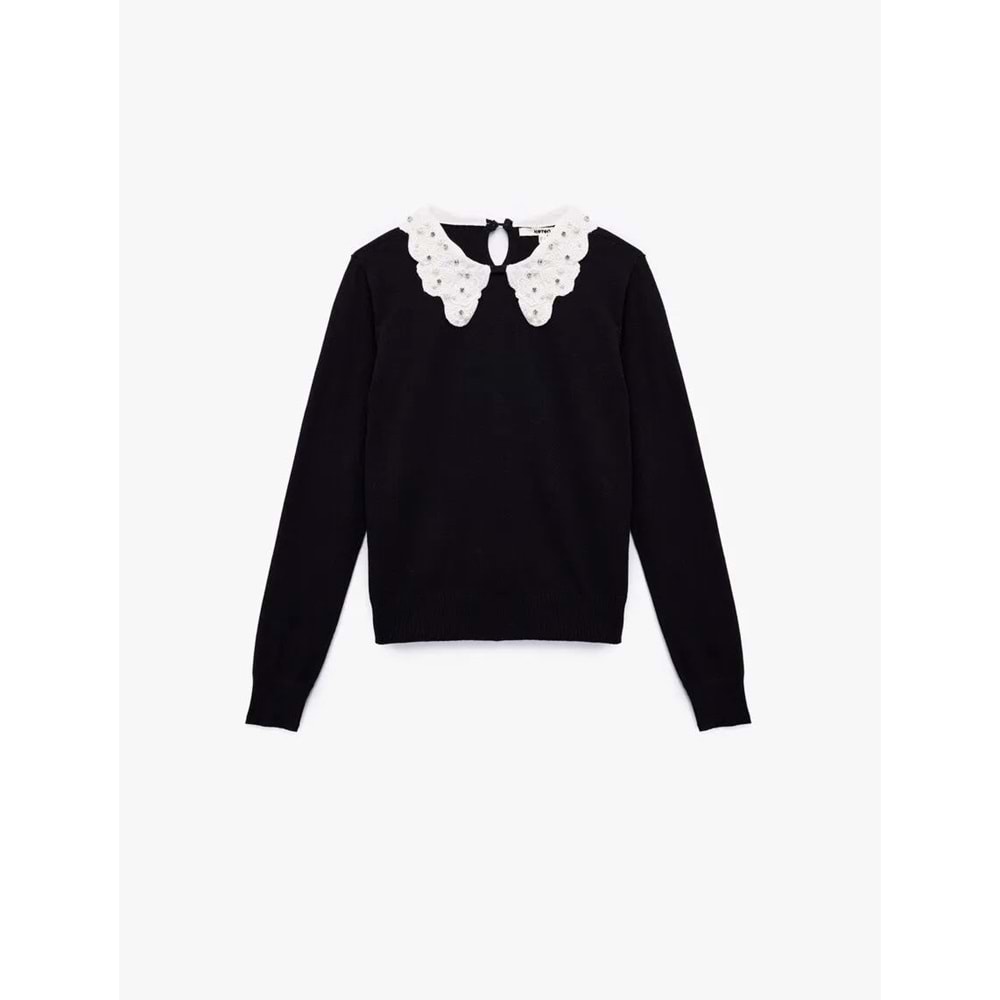Kadın Giyim Uzun Kollu Bebe Yaka Taşlı Triko Kazak - KOTON - 6WAK90081HT - SİYAH - XL