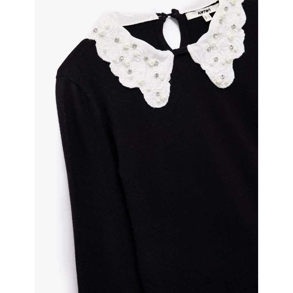 Kadın Giyim Uzun Kollu Bebe Yaka Taşlı Triko Kazak - KOTON - 6WAK90081HT - SİYAH - XL