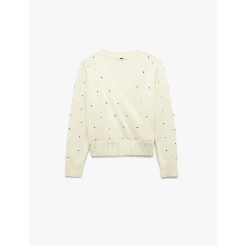 Kadın Giyim Uzun Kollu Kruvaze V Yaka Taşlı Triko Kazak - KOTON - 6WAK90082HT - EKRU - XL