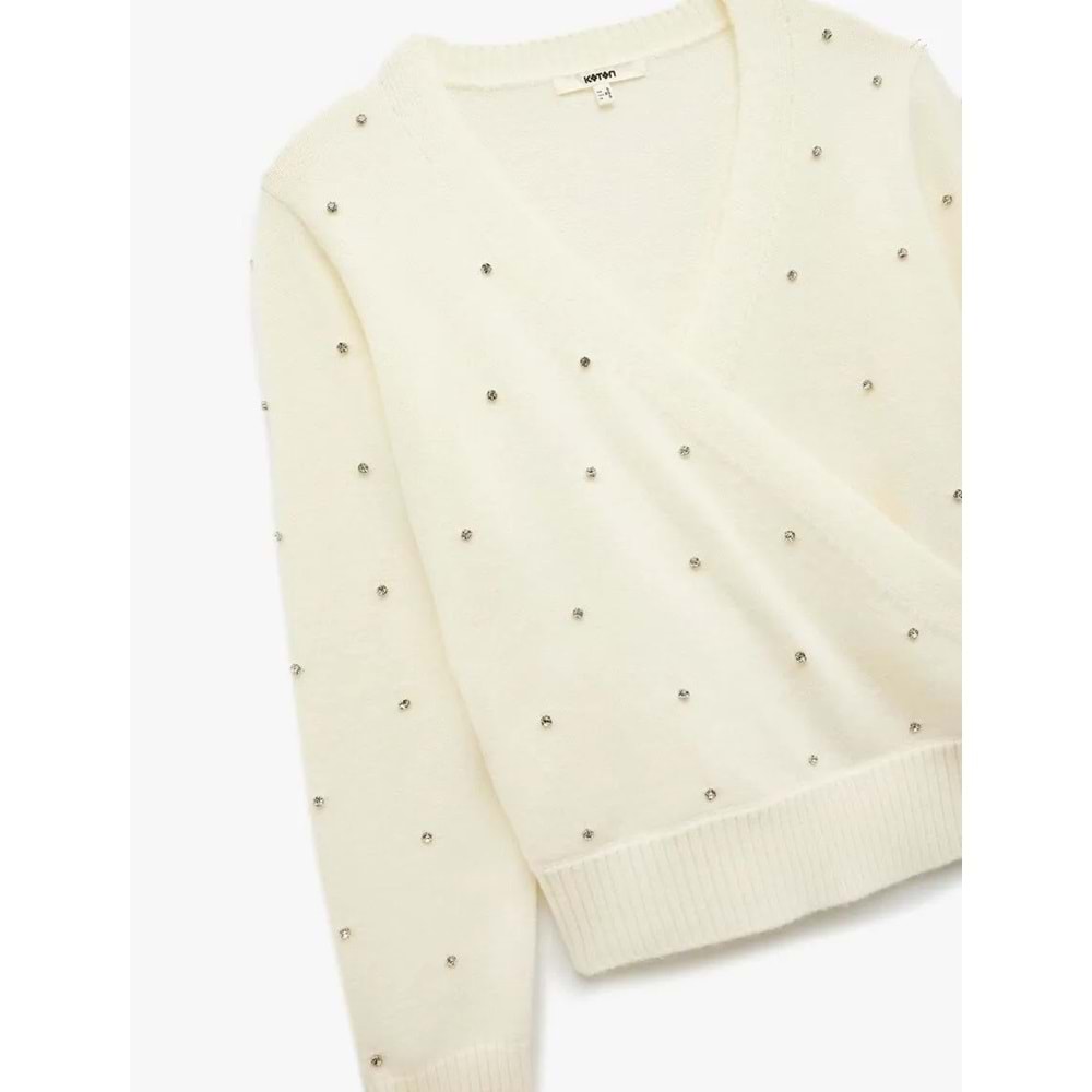Kadın Giyim Uzun Kollu Kruvaze V Yaka Taşlı Triko Kazak - KOTON - 6WAK90082HT - EKRU - XL