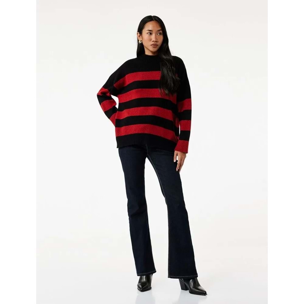 Kadın Giyim Uzun Kollu Bisiklet Yaka Triko Oversize Kazak - KOTON - 6WAK90085HT - KIRMIZI ÇİZGİLİ - S