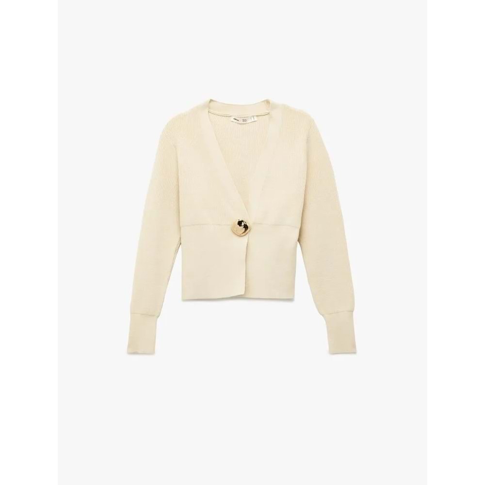 Kadın Giyim Uzun Kollu V Yaka Aksesuar Düğme Detaylı Triko Hırka - KOTON - 6WAK90475HT - EKRU - L