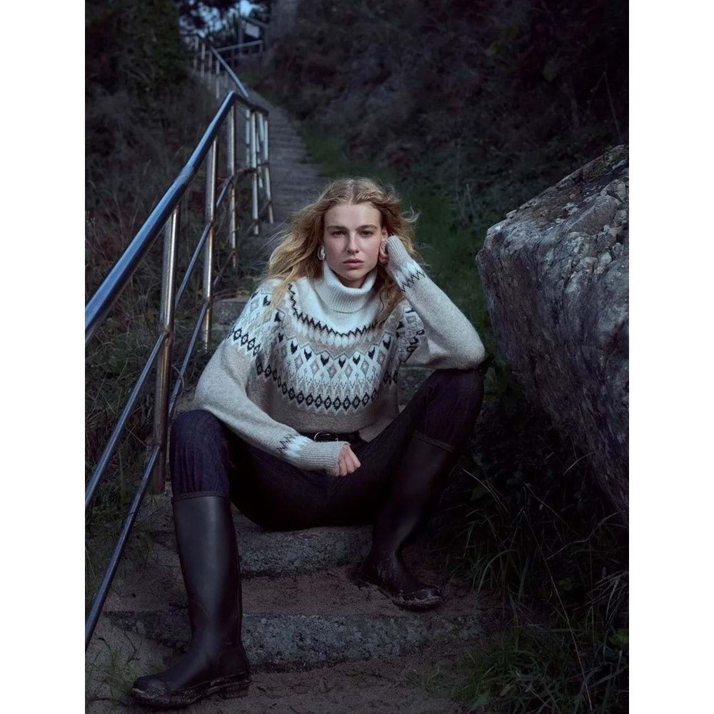 Kadın Giyim Uzun Kollu Balıkçı Yaka Desenli Örgü Kazak - KOTON - 6WAK90503HT - BEJ DESENLİ - S