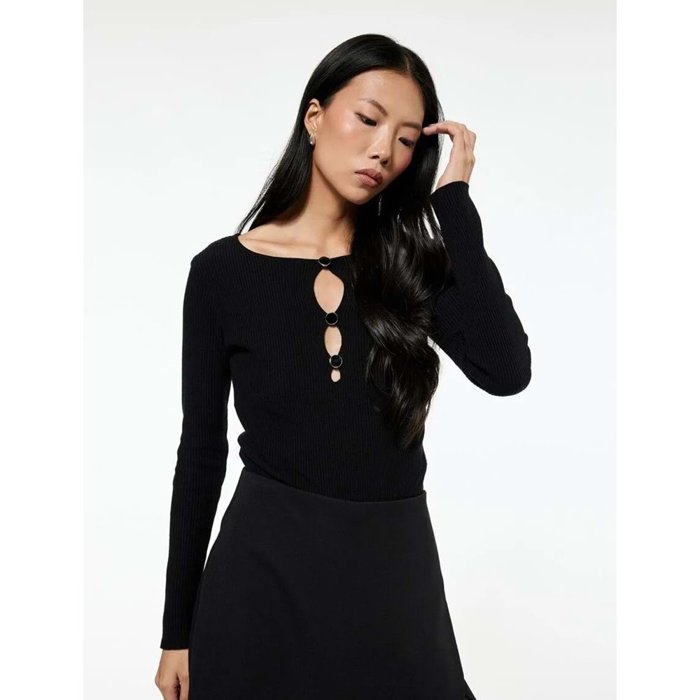 Kadın Giyim Aksesuarlı Pencere Detaylı Triko Kazak - KOTON - 6WAK90508HT - SİYAH - M