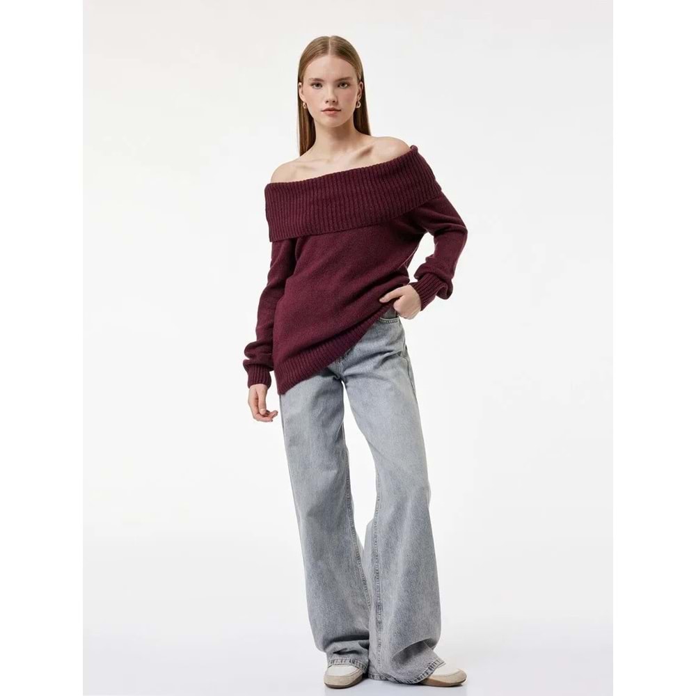 Kadın Giyim Madonna Yaka Omzu Açık Triko Kazak - KOTON - 6WAL90183HT - BORDO - L