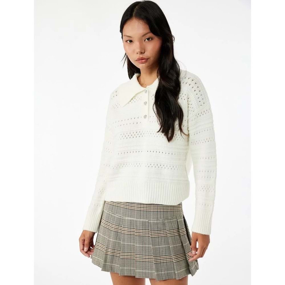 Kadın Giyim Ajurlu Uzun Kollu Taşlı Düğmeli Polo Yaka Triko Kazak - KOTON - 6WAL90122HT - EKRU - S