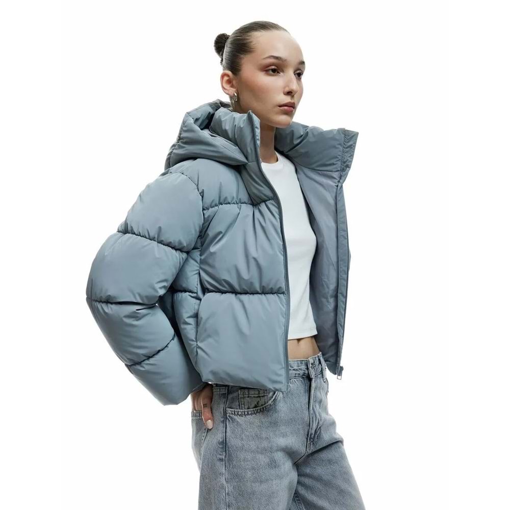 Kadın Giyim Cep Detaylı Fermuarlı Kapitone Su İtici Şişme Mont - KOTON - 6WAL20023IW - GRİ - 42