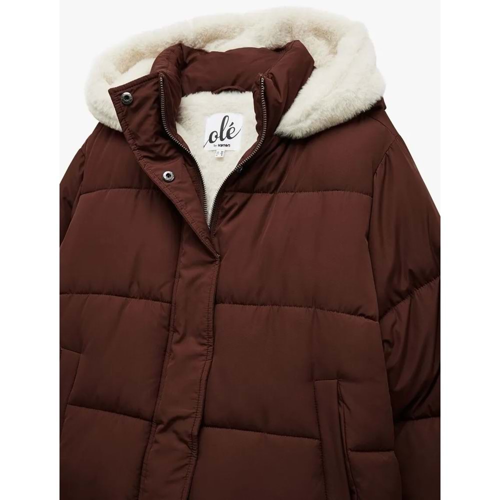 Kadın Giyim İçi Peluş Çıtçıt Düğmeli Cepli Şişme Mont - KOTON - 6WAL20054IW - KAHVERENGİ - 38