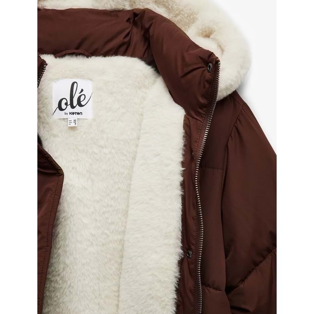 Kadın Giyim İçi Peluş Çıtçıt Düğmeli Cepli Şişme Mont - KOTON - 6WAL20054IW - KAHVERENGİ - 38