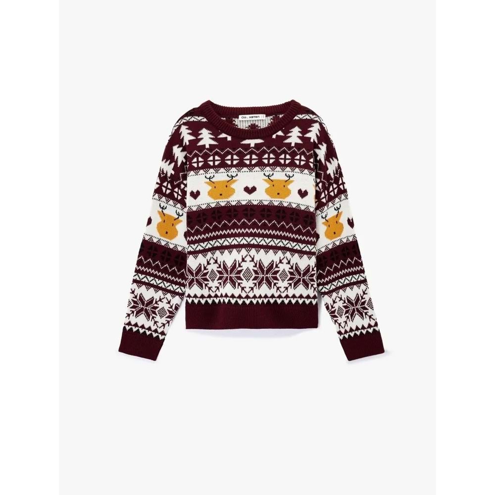 Kadın Giyim Jakarlı Triko Yılbaşı Kazağı - KOTON - 6WAL90027IT - BORDO DESENLİ - M