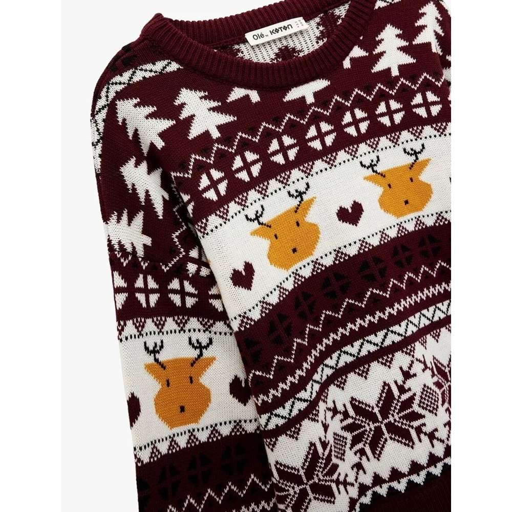 Kadın Giyim Jakarlı Triko Yılbaşı Kazağı - KOTON - 6WAL90027IT - BORDO DESENLİ - S