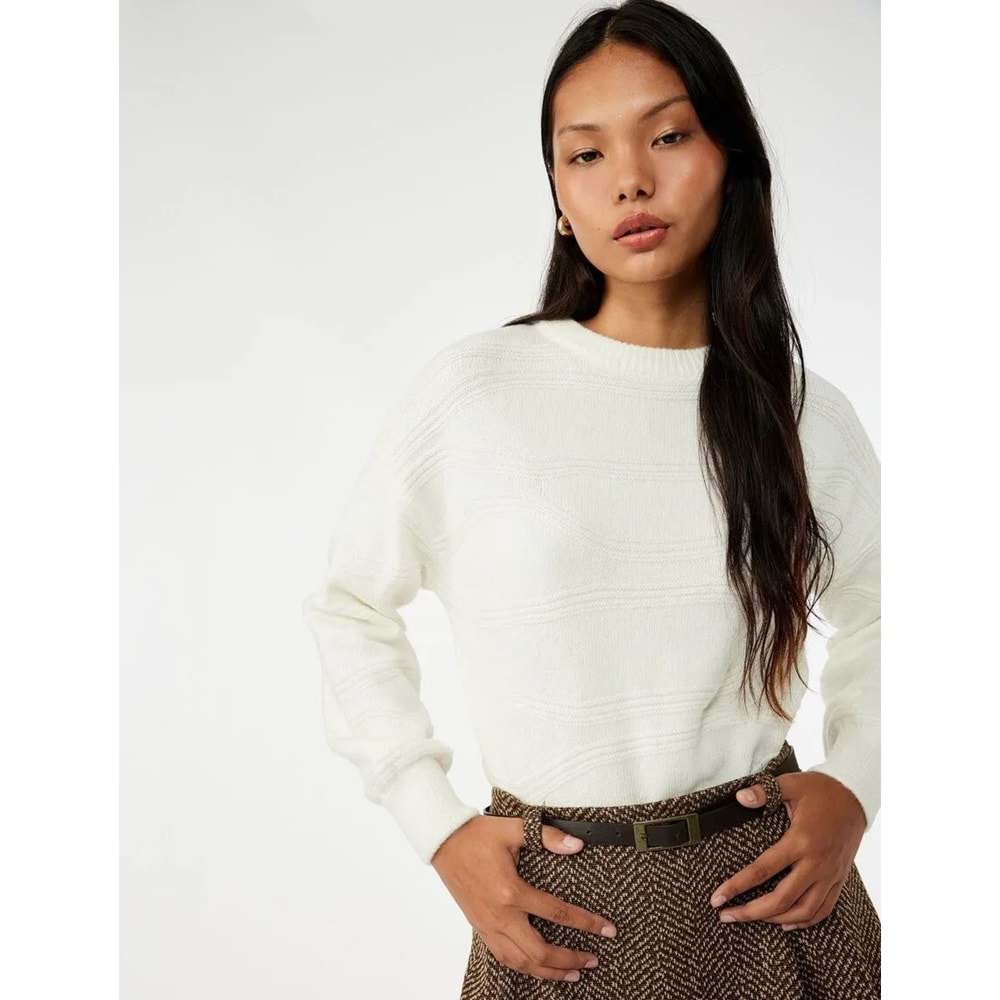 Kadın Giyim Bisiklet Yaka Dikiş Detaylı Uzun Kollu Triko Kazak - KOTON - 6WAL90093HT - EKRU - L