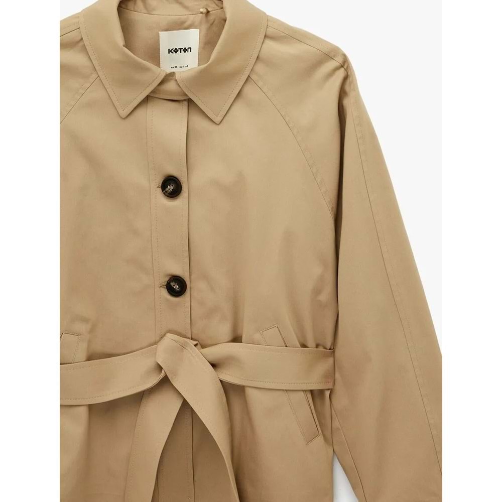 Kadın Giyim Düğmeli Cepli Kemerli Kısa Gabardin Trençkot - KOTON - 6SAK00046EW - BEJ - 36