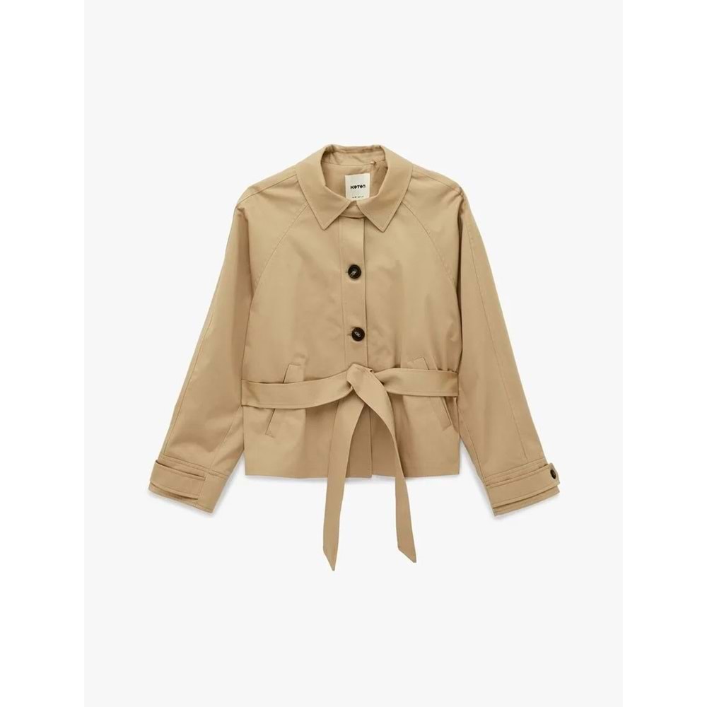 Kadın Giyim Düğmeli Cepli Kemerli Kısa Gabardin Trençkot - KOTON - 6SAK00046EW - BEJ - 36