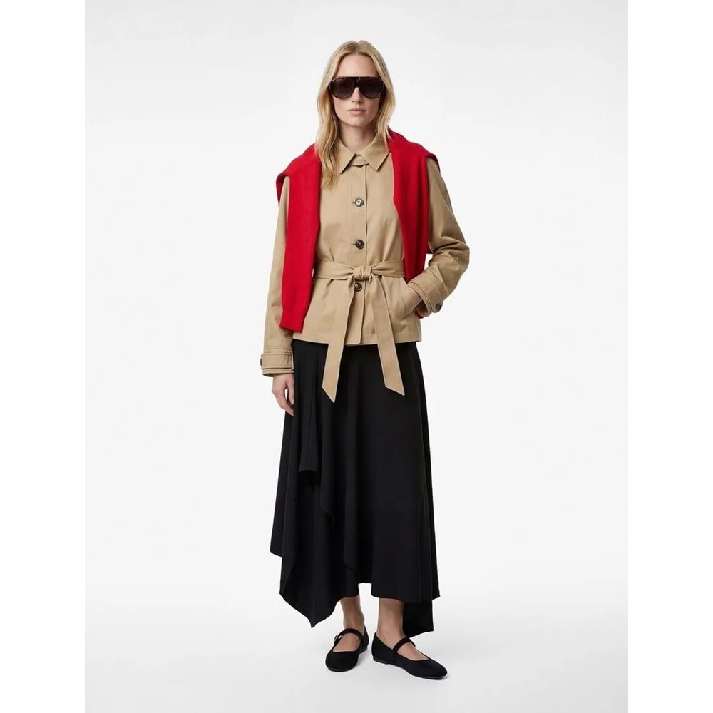 Kadın Giyim Düğmeli Cepli Kemerli Kısa Gabardin Trençkot - KOTON - 6SAK00046EW - BEJ - 42