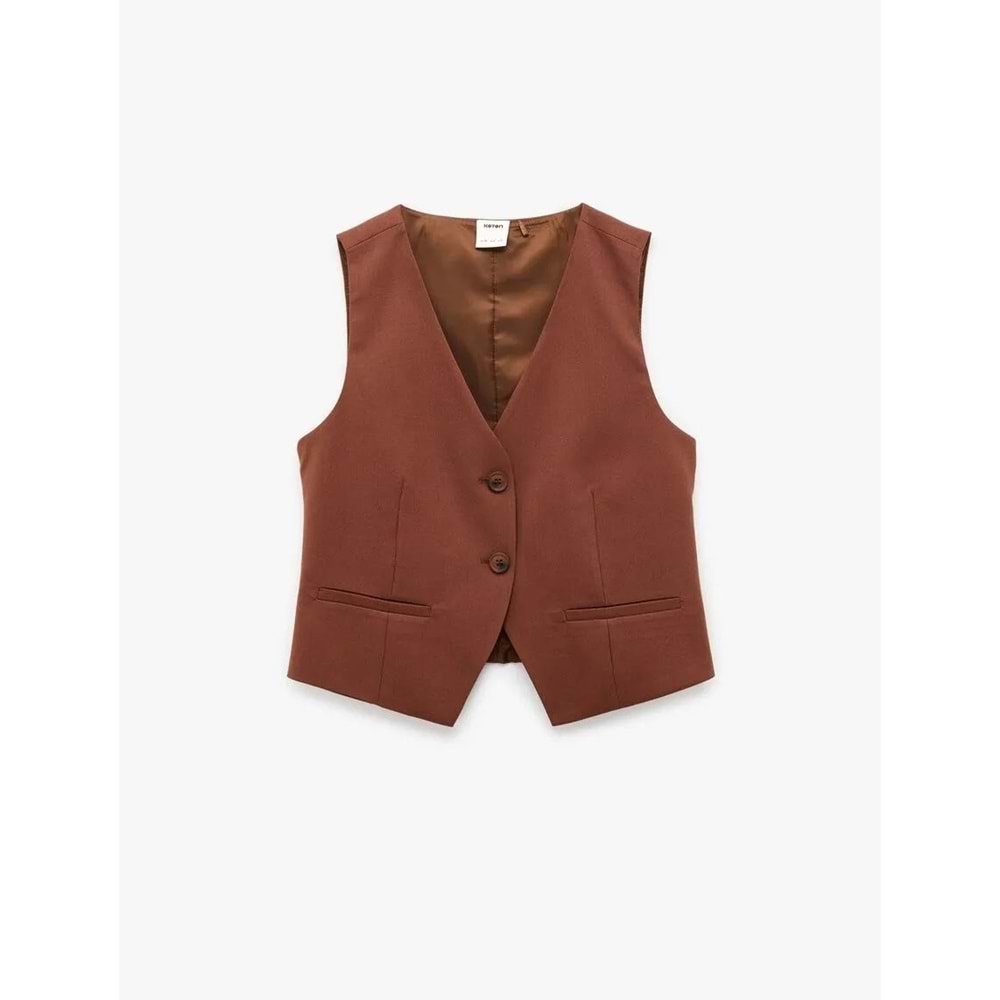 Kafın Giyim Regular Fit V Yaka Crop Blazer Yelek - KOTON - 6SAK20031PW - KAHVERENGİ - 34