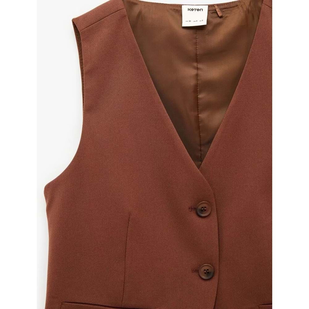 Kafın Giyim Regular Fit V Yaka Crop Blazer Yelek - KOTON - 6SAK20031PW - KAHVERENGİ - 34