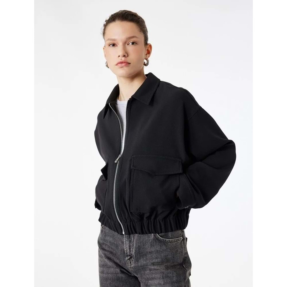 Kadın Giyim Uzun Kollu Cepli Fermuarlı Gabardin Crop Bomber Ceket - KOTON - 6SAK20040EW - SİYAH - 38