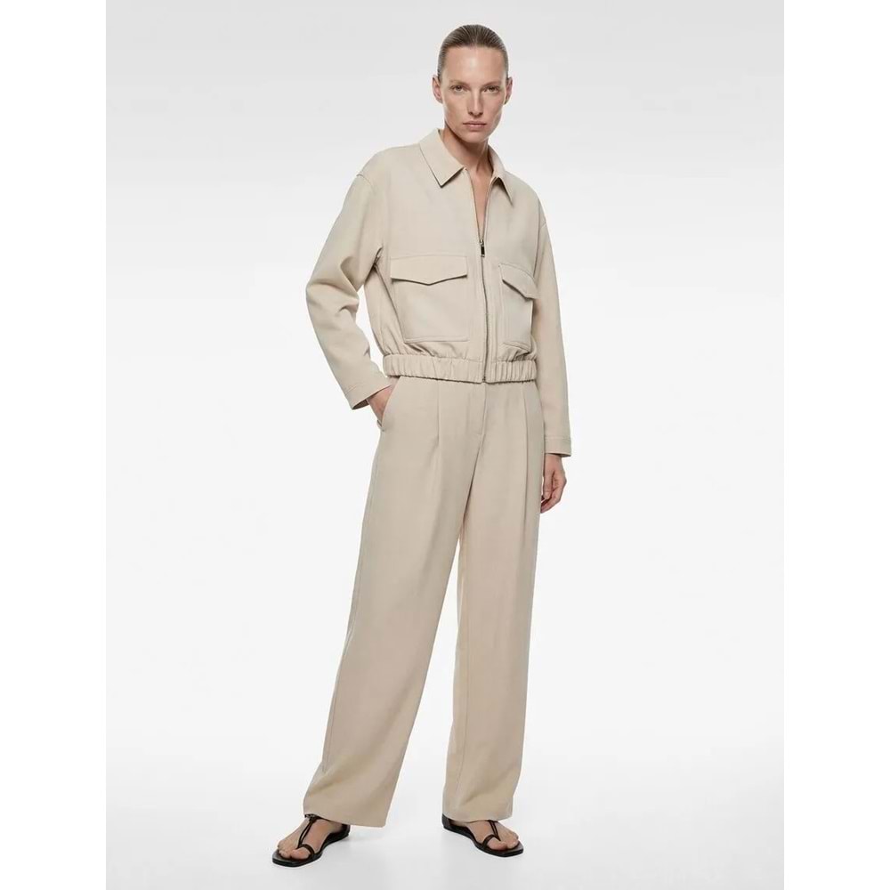 Kadın Giyim Uzun Kollu Cepli Fermuarlı Gabardin Crop Bomber Ceket - KOTON - 6SAK20040EW - EKRU - 40