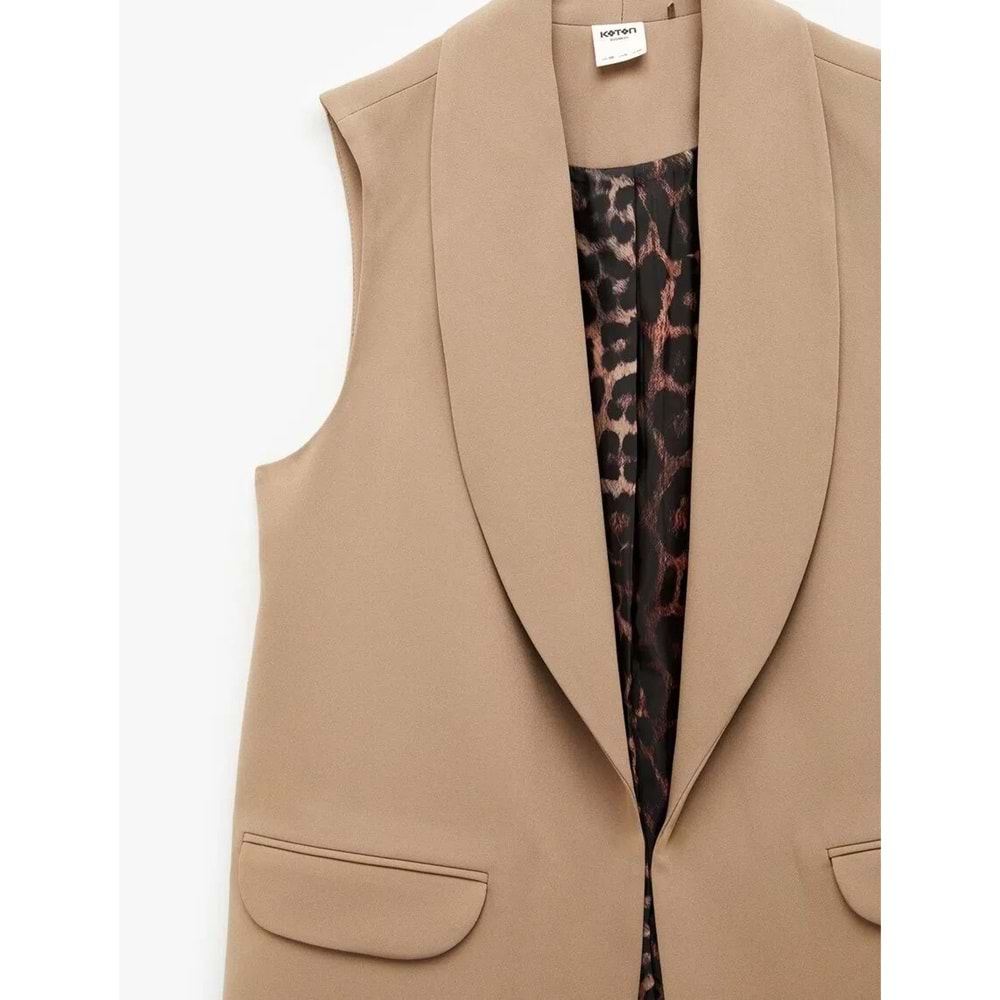 Kadın Giyim Astarı Leopar Desenli Cepli Uzun Blazer Yelek - KOTON - 6SAK20050UW - VİZON - 36