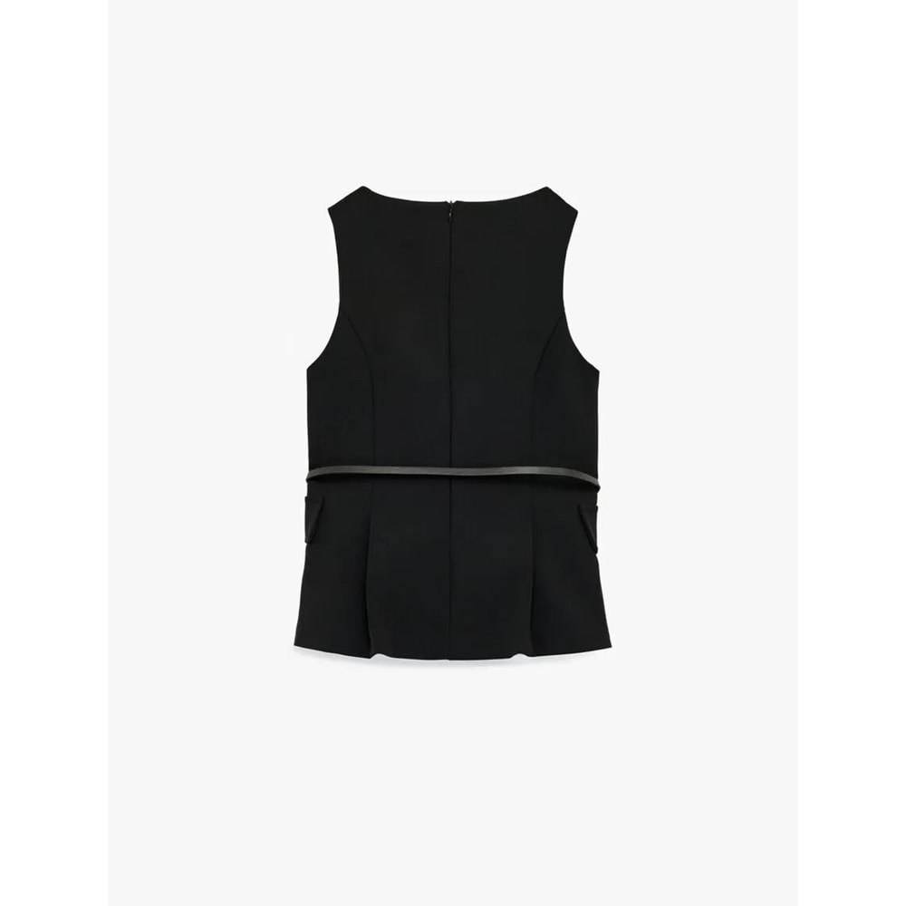 Kadın Giyim Cep Detaylı Kemerli Kolsuz V Yaka Bluz - KOTON - 6SAK30003UW - SİYAH - 38