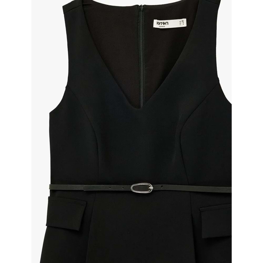 Kadın Giyim Cep Detaylı Kemerli Kolsuz V Yaka Bluz - KOTON - 6SAK30003UW - SİYAH - 38