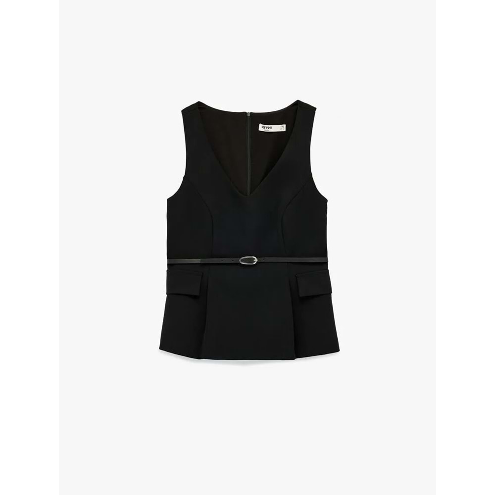 Kadın Giyim Cep Detaylı Kemerli Kolsuz V Yaka Bluz - KOTON - 6SAK30003UW - SİYAH - 38