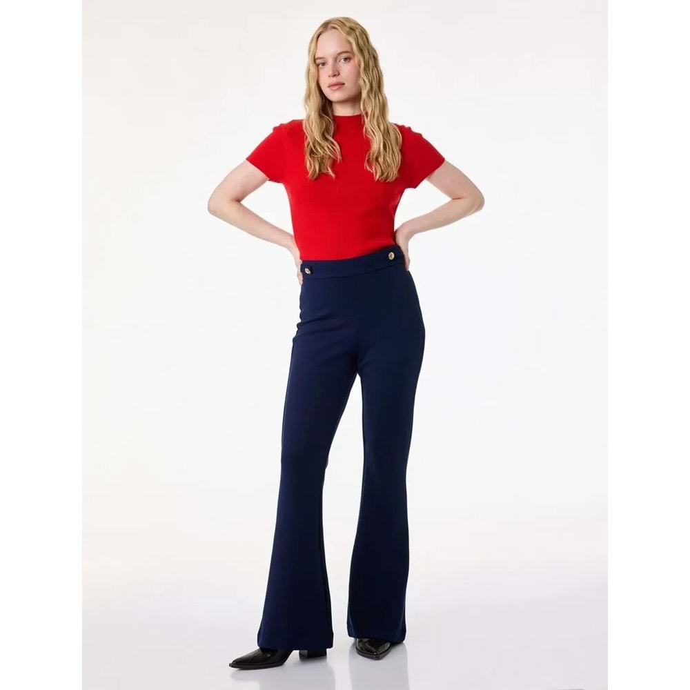 Kadın Giyim Dar Kalıp Aksesuar Düğme Detaylı İspanyol Paça Kumaş Pantolon - KOTON - 6SAK40012UK - LACİVERT ÇİZGİLİ - M