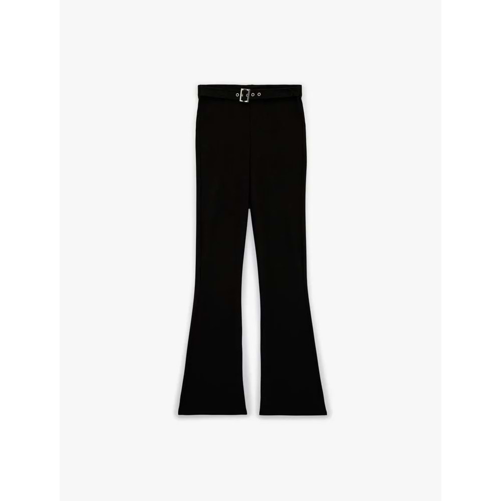 Kadın Giyim Slim Fit Kemerli Yüksek Bel İspanyol Paça Fitilli Kumaş Pantolon - KOTON - 6SAK40089EK - SİYAH - S