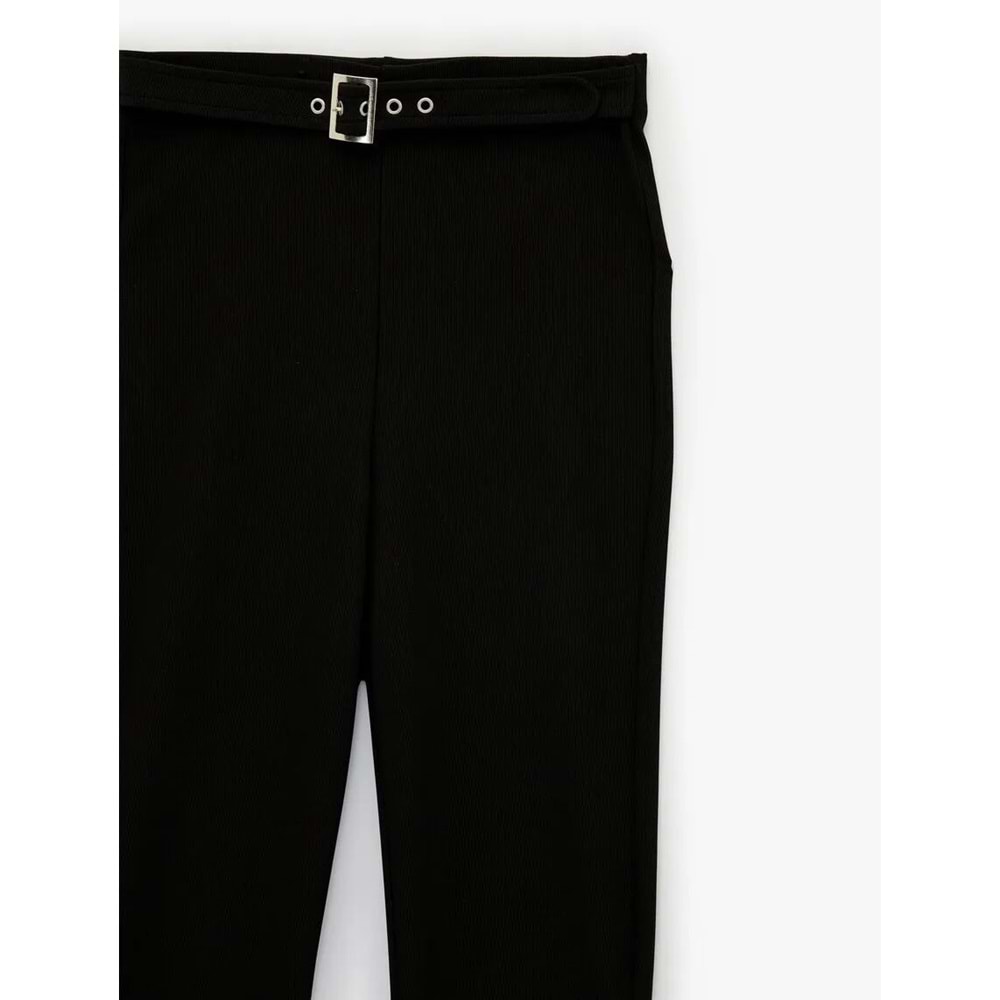 Kadın Giyim Slim Fit Kemerli Yüksek Bel İspanyol Paça Fitilli Kumaş Pantolon - KOTON - 6SAK40089EK - SİYAH - S