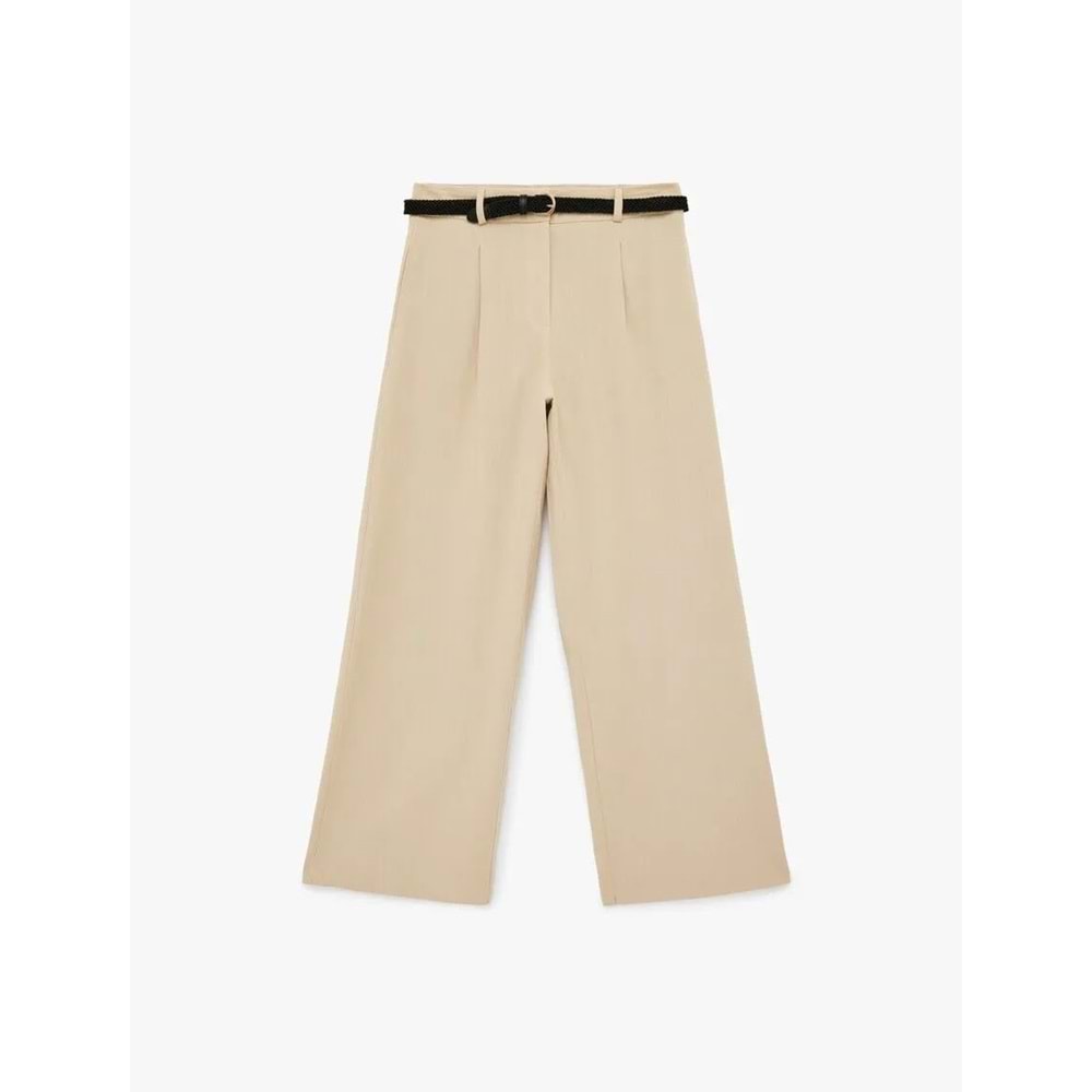 Kadın Giyim Keten Görünümlü Cepli Kemerli Geniş Paça Pantolon - KOTON - 6SAK40107PW - VİZON - 42