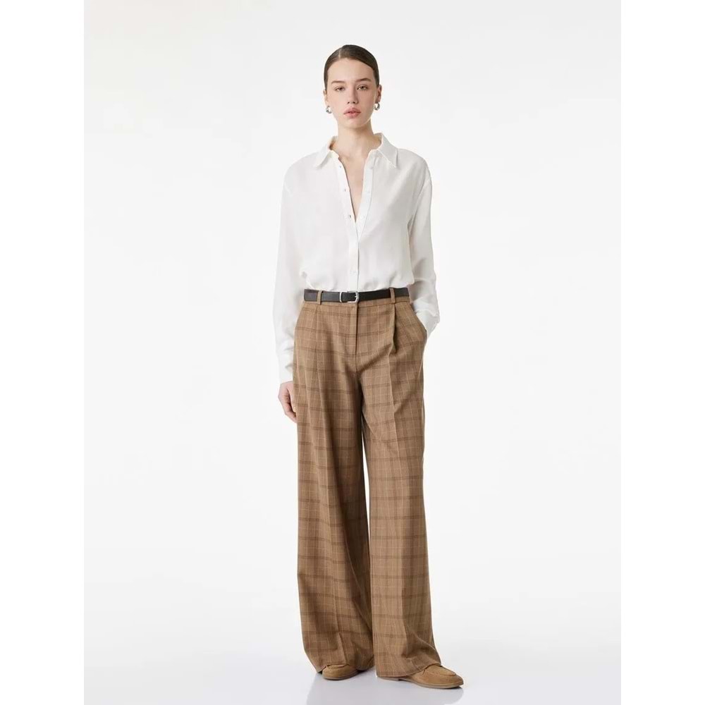 KadıN Giyim Cepli Pile Detaylı Geniş Paça Ekose Pantolon - KOTON - 6SAK40131PW - KAHVERENGİ EKOSE - 34