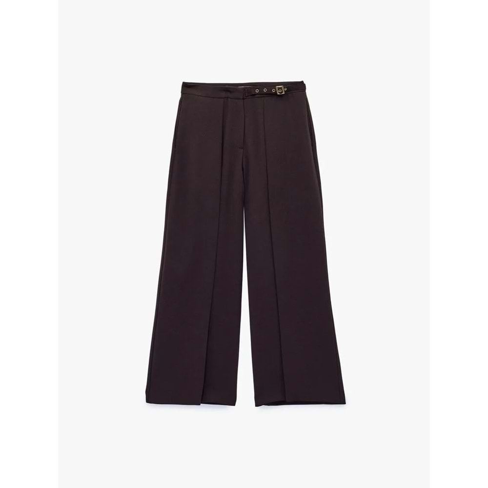 Kadın Giyim Krep Kumaş Kemerli Uzun Geniş Düz Paça Kapaklı Kumaş Pantolon - KOTON - 6SAK40164PW - KAHVERENGİ - 34
