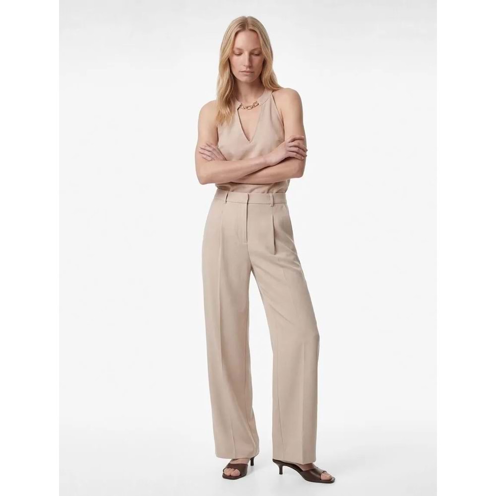 Kadın Giyim Krep Kumaş Pile Detaylı Cepli Yüksek Bel Palazzo Pantolon - KOTON - 6SAK40183UW - BEJ - 40