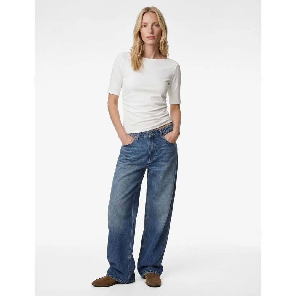 Kadın Giyim Slim Fit Pamuklu Kayık Yuvarlak Yaka Yarım Kollu Tişört - KOTON - 6SAK50012EK - EKRU - XXL