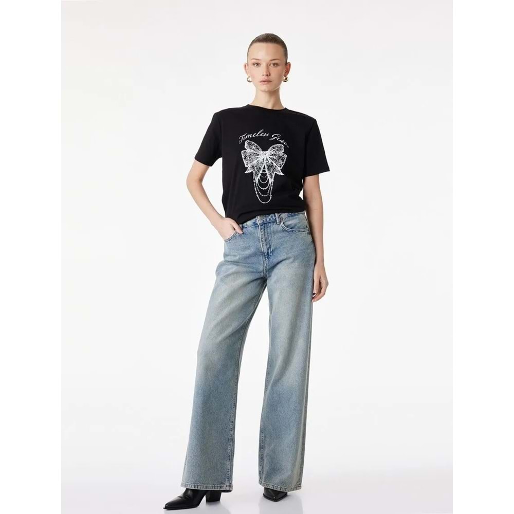 Kadın Giyim Pamuklu Kısa Kollu Bisiklet Yaka Fiyonk Baskılı Tişört - KOTON - 6SAK50029EK - SİYAH - S