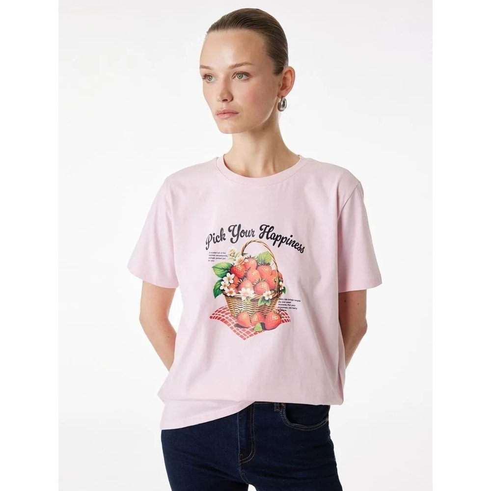 Kadın Giyim Regular Fit Kısa Kollu Bisiklet Yaka Pamuklu Baskılı Tişört - KOTON - 6SAK50034EK - PEMBE - L