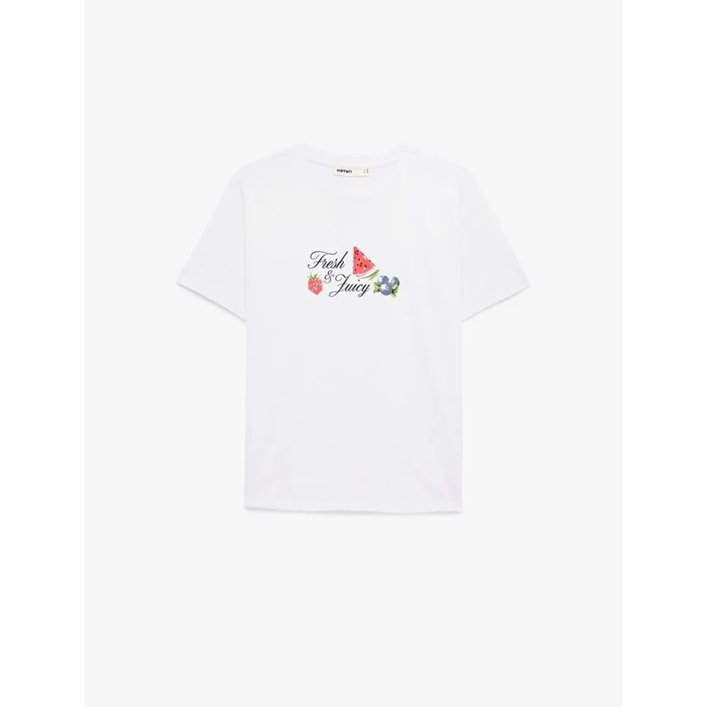 Kadın Giyim Pamuklu Kısa Kollu Bisiklet Yaka Karpuz ve Çilek Baskılı Tişört - KOTON - 6SAK50038EK - BEYAZ - XXL