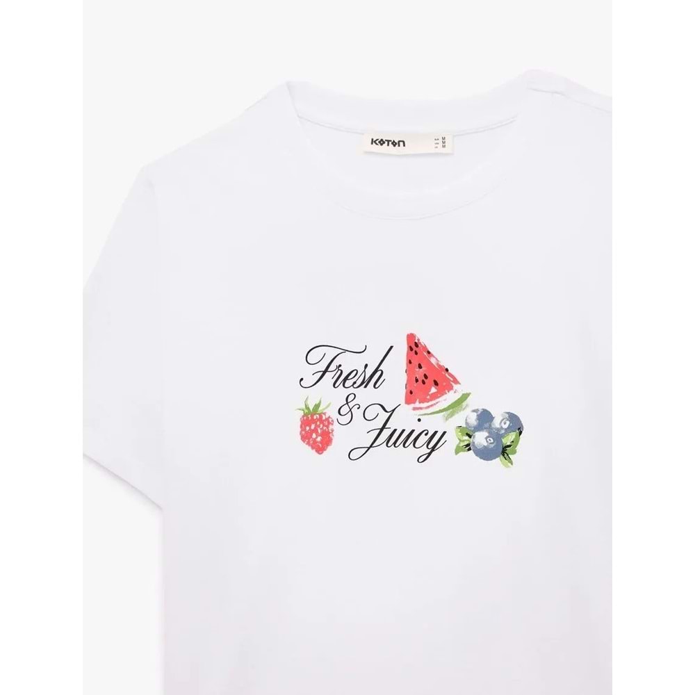 Kadın Giyim Pamuklu Kısa Kollu Bisiklet Yaka Karpuz ve Çilek Baskılı Tişört - KOTON - 6SAK50038EK - BEYAZ - XXL