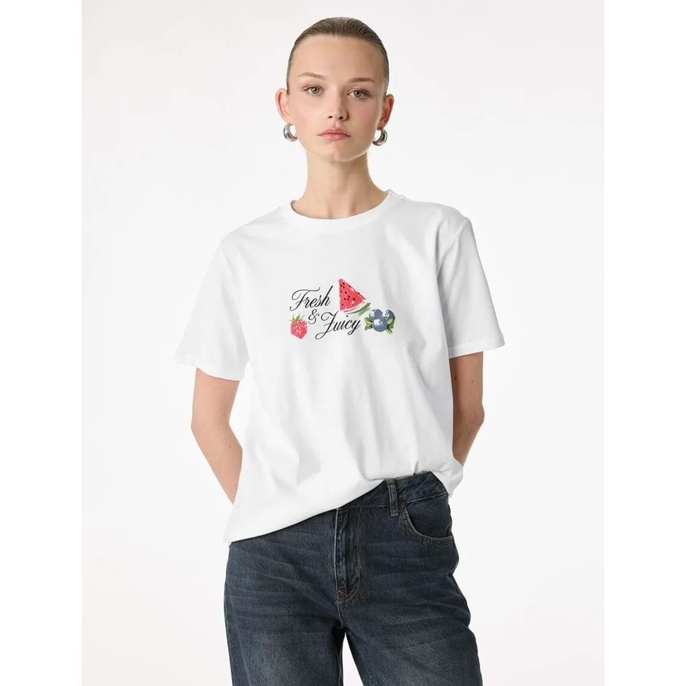 Kadın Giyim Pamuklu Kısa Kollu Bisiklet Yaka Karpuz ve Çilek Baskılı Tişört - KOTON - 6SAK50038EK - BEYAZ - XXL