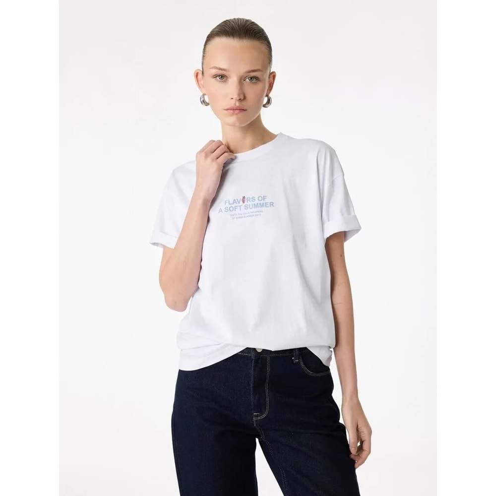 Kadın Giyim Pamuklu Kısa Kollu Bisiklet Yaka Arkası Çilek Baskılı Tişört - KOTON - 6SAK50039EK - BEYAZ - XL